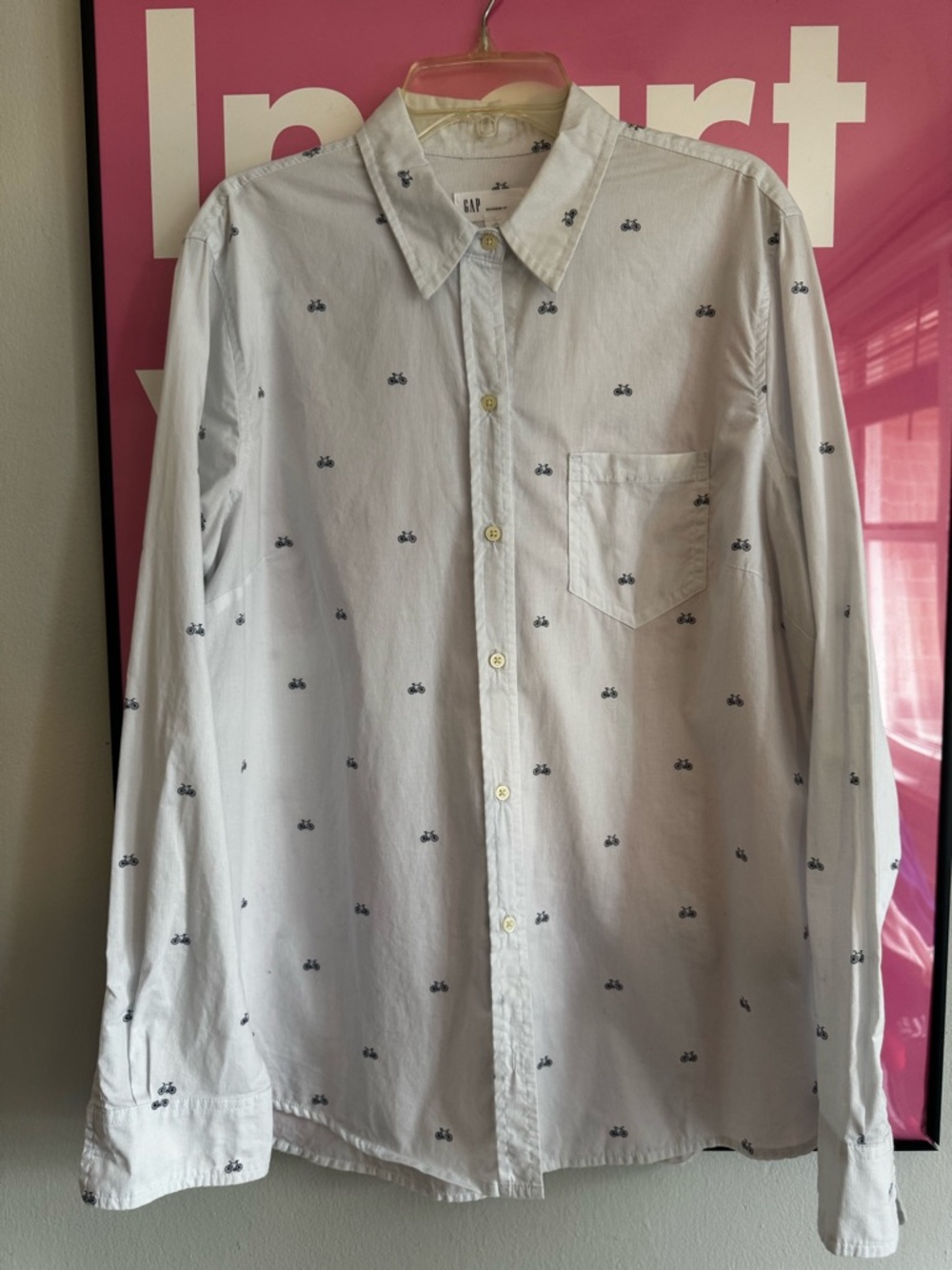 Gap women’s White Button-Up Shirt with Navy Bicycle Print